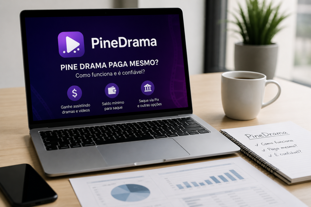 PineDrama website on a laptop beside coffee, business charts, and handwritten notes.
