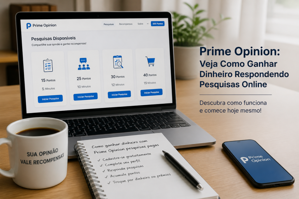 Pesquisa remunerada Prime Opinion exibida em laptop e celular, com questionário e caneca ao lado.