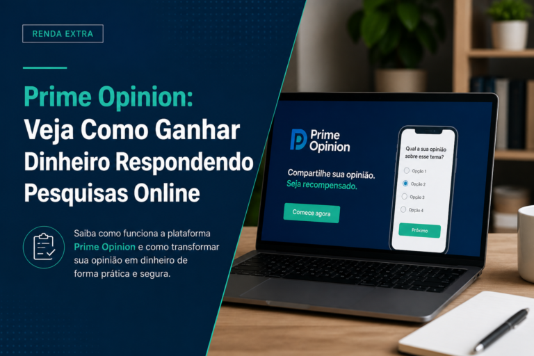 Prime Opinião survey website on a laptop beside a coffee mug and smartphone in a home office.