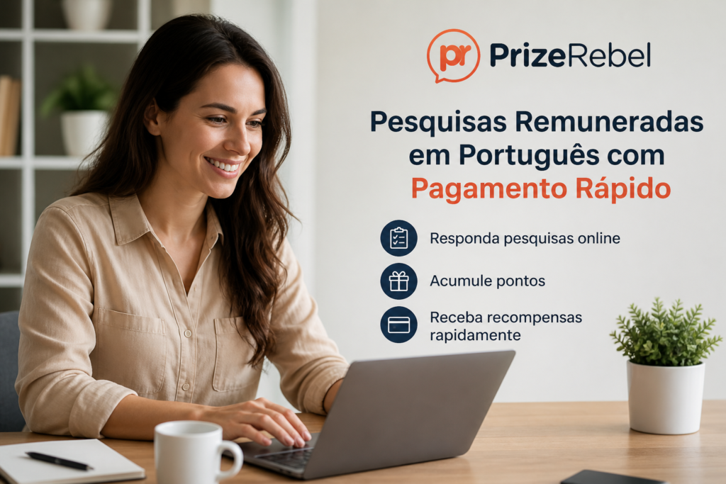 Happy woman using a laptop beside a Portuguese PrizeRebel paid surveys advertisement.