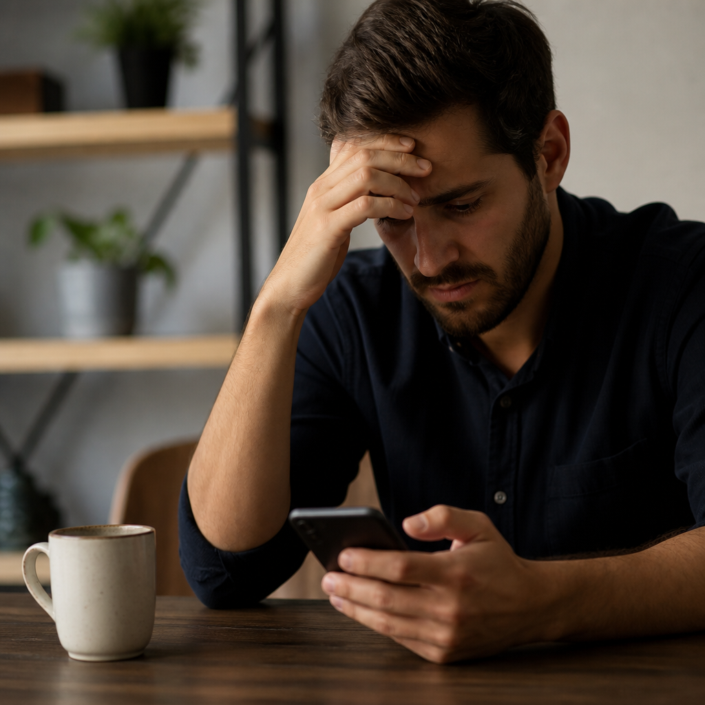Stressed man checks his smartphone over coffee at a table.