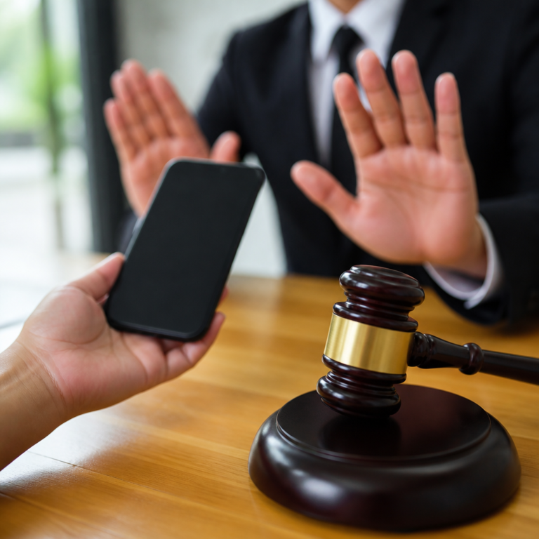 Judge rejecting a smartphone as a gavel rests on a courtroom desk.