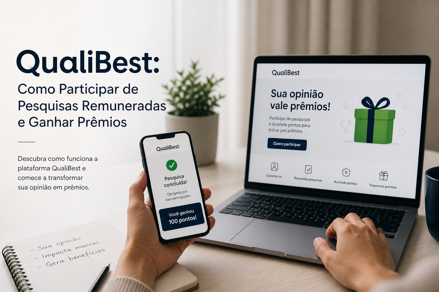 QualiBest survey platform on a laptop and smartphone promoting paid surveys with prizes.