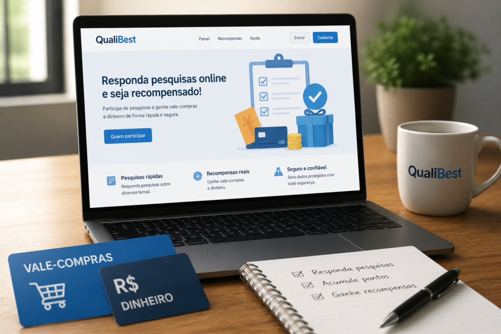 Laptop displaying a QualiBest online survey beside payment cards, a notebook, and coffee on a desk.