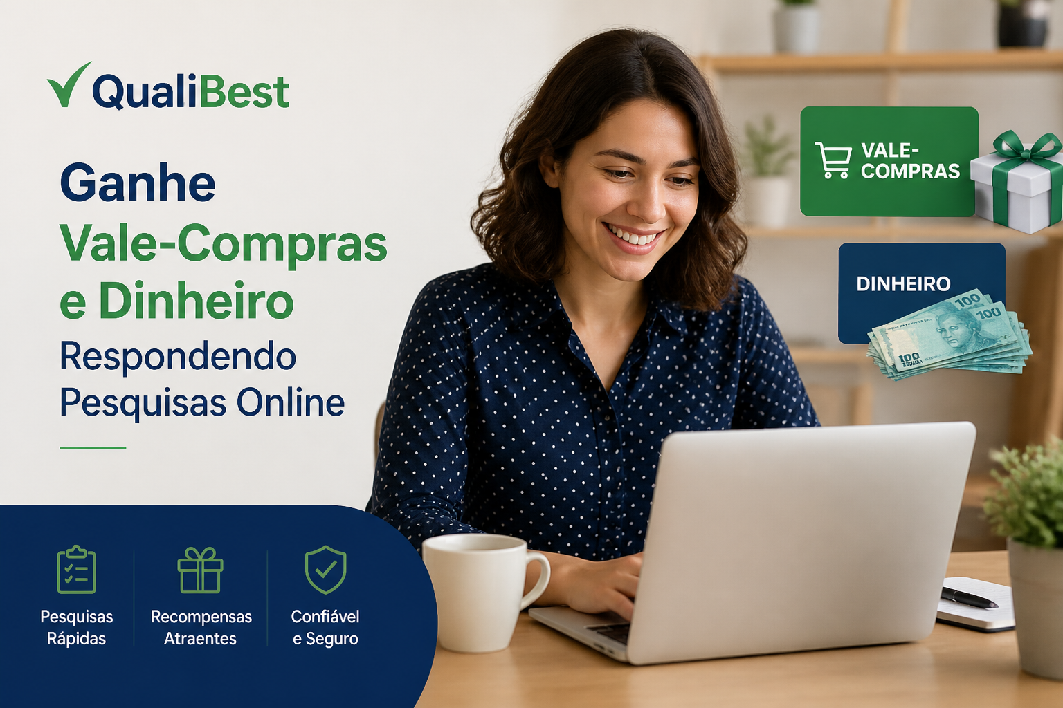 Smiling woman using a laptop beside text promoting shopping vouchers and cash rewards for completing an online survey.