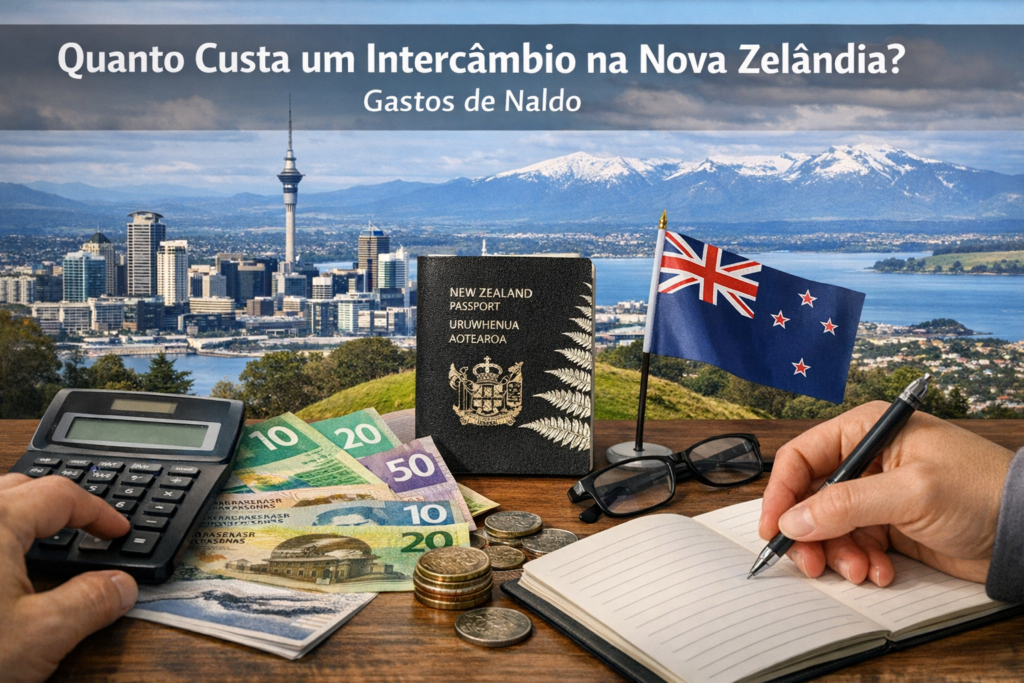 New Zealand exchange cost guide with Auckland skyline, currency, passport, calculator, and budgeting notebook.