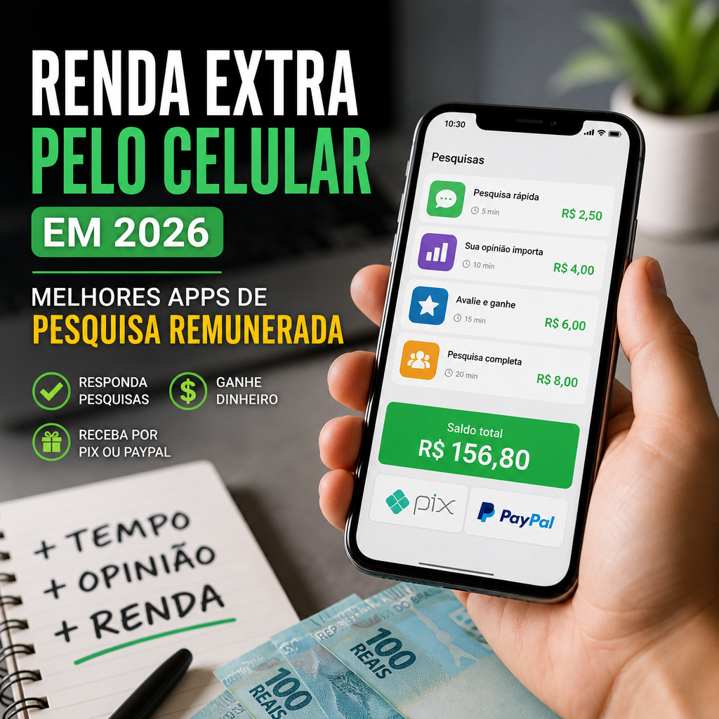 Pessoa usando celular com apps de pesquisa remunerada para ganhar renda extra em 2026.