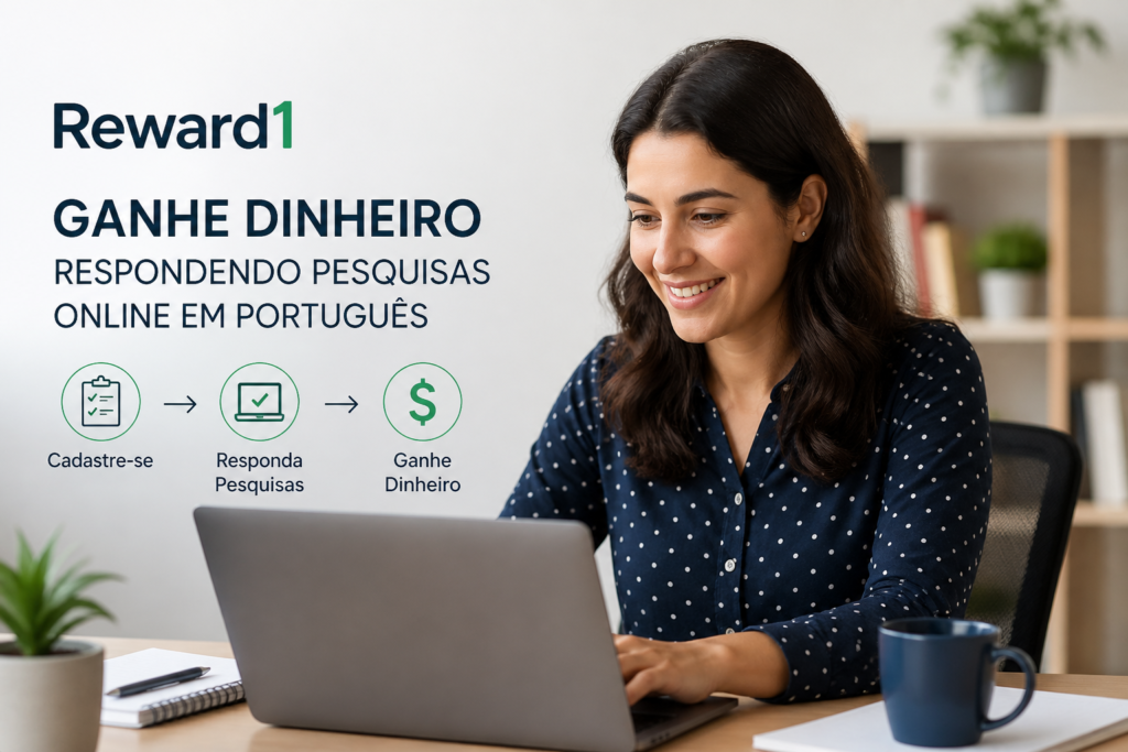 Smiling woman using a laptop beside Portuguese text promoting cash rewards for completing online surveys.
