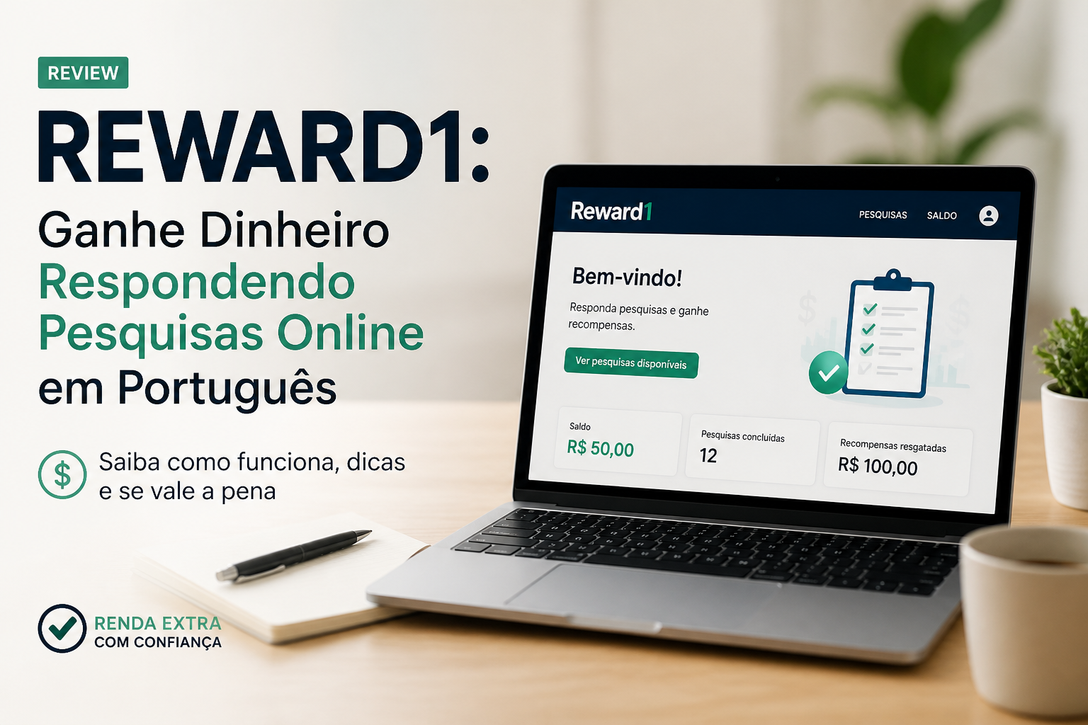 Reward1 earnings platform on a laptop beside Portuguese promotional text and a coffee cup