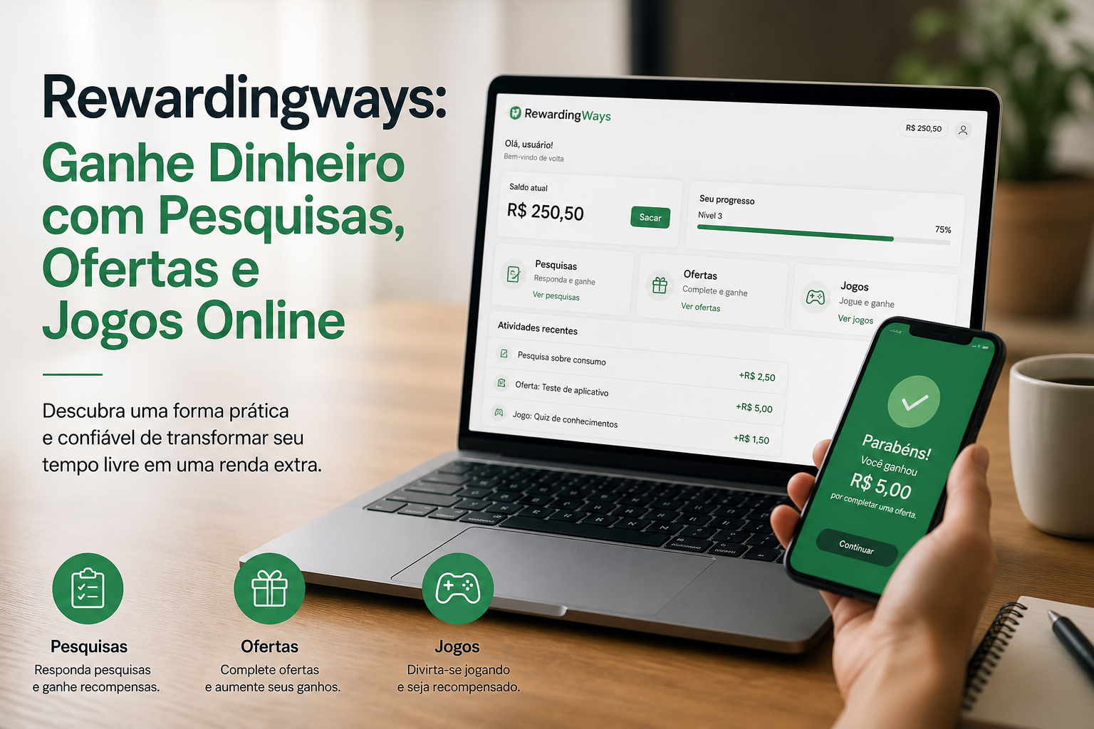 Rewardingways banner showing online surveys, offers, and games on a laptop, with earnings tracked on a smartphone.