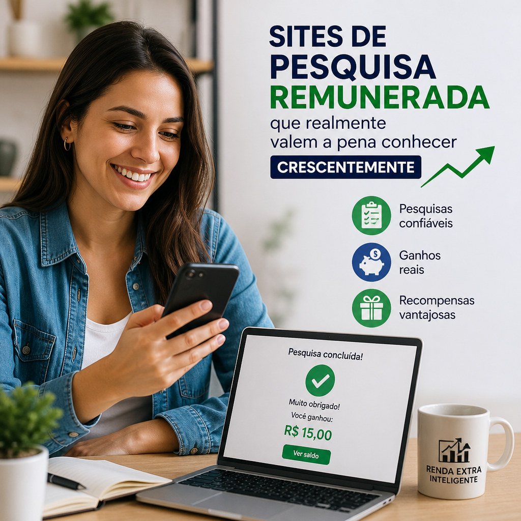 Mulher sorridente usa o celular ao lado de laptop com anúncio de pesquisa remunerada e recompensas.