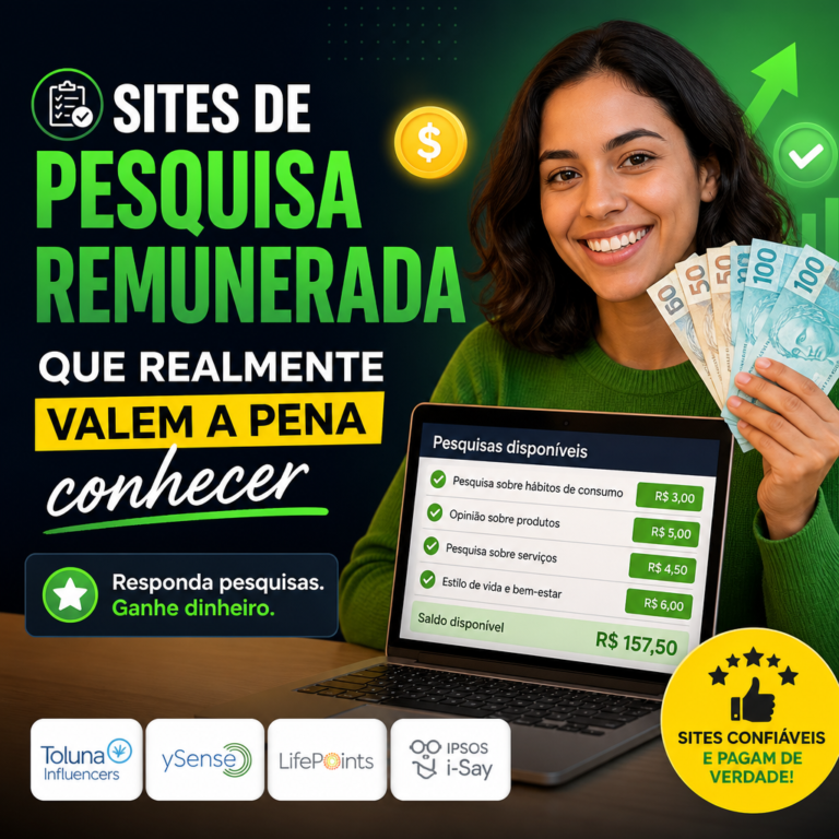 Mulher sorridente segura dinheiro ao lado de anúncio sobre sites de pesquisa remunerada confiáveis.