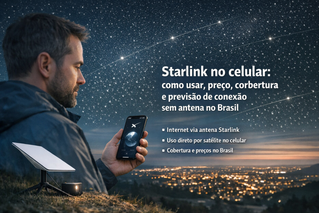 Homem usa smartphone ao lado de antena Starlink, com cidade iluminada ao fundo.