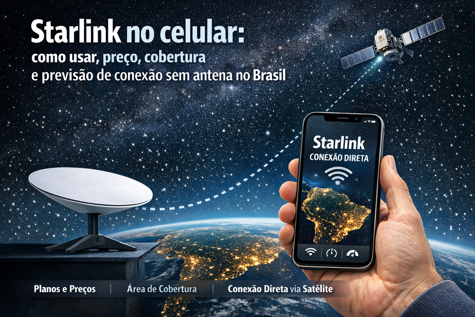 Anúncio da Starlink destaca internet via satélite direto no celular, cobertura e preços no Brasil.