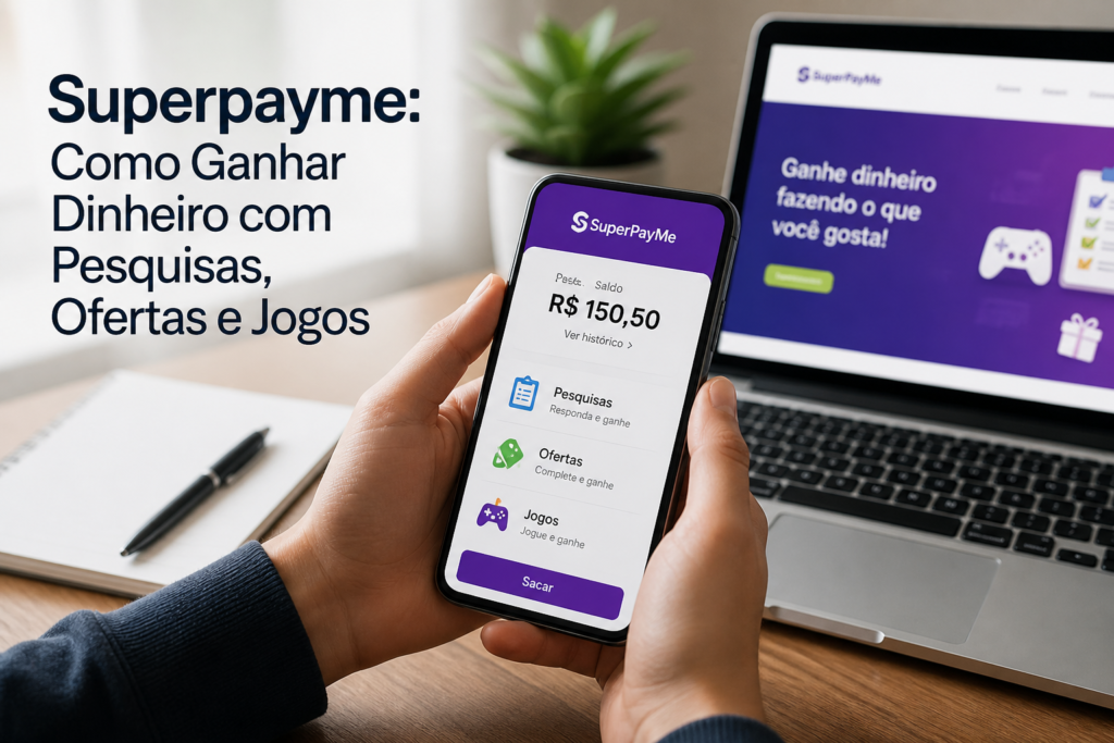 SuperPayme app on smartphone and laptop promoting earnings through online surveys, offers, and games.