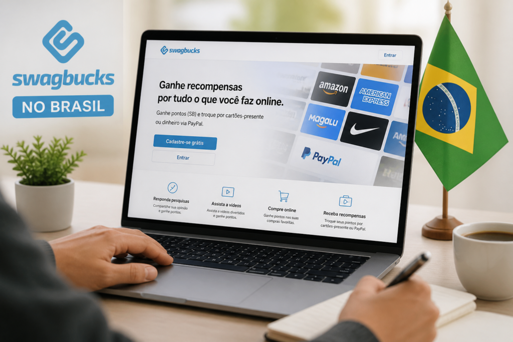 Laptop showing Swagbucks paid surveys beside a Brazilian flag and notebook in a home office.