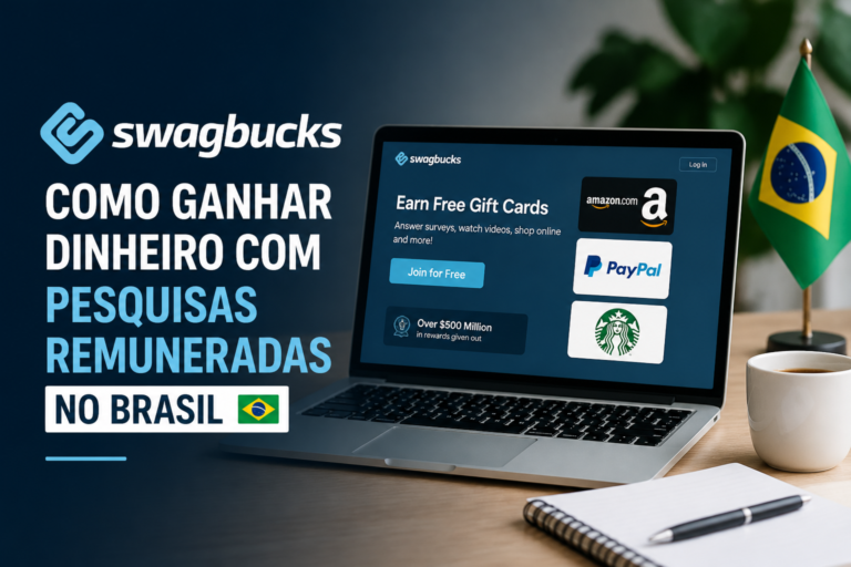 Laptop displaying Swagbucks gift card rewards beside a Brazilian flag and notebook.