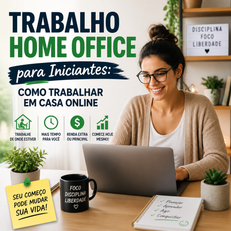 Smiling woman working on a laptop at home, illustrating beginner tips for online home office work.