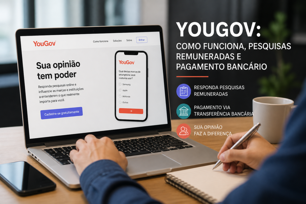 YouGov survey website on a laptop beside a smartphone, coffee cup, and notebook in a home office.