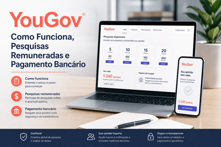 YouGov survey rewards platform on a laptop and smartphone with Portuguese promotional text.