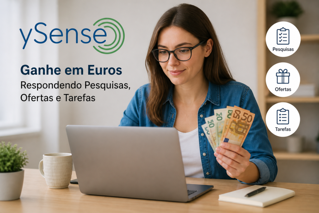 Woman using a laptop while holding euro banknotes, promoting ySense surveys, offers, and tasks.