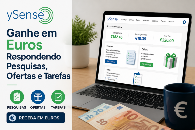 ySense “Ganhe em Euros” surveys and task rewards beside a laptop, euro banknotes, and a coffee mug.