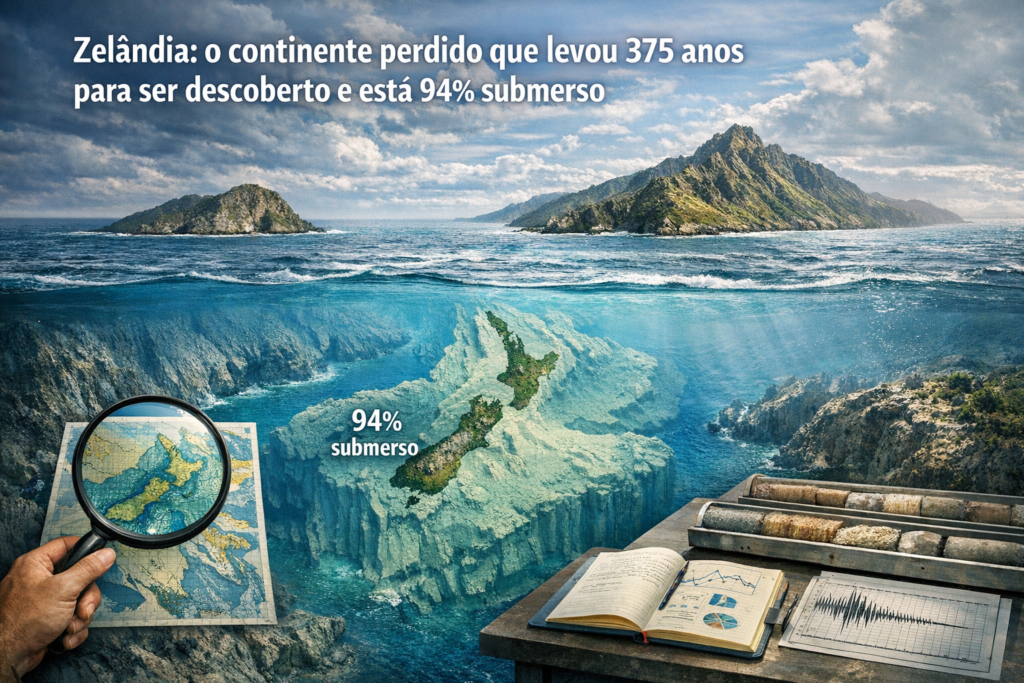 Infográfico sobre a Nova Zelândia, mostrando a perda territorial histórica e a biodiversidade marinha.