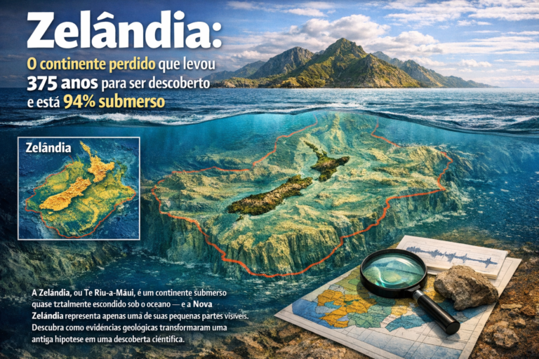 Infografía en español sobre Zealandia, continente sumergido del océano Pacífico, con mapas y paisaje submarino.