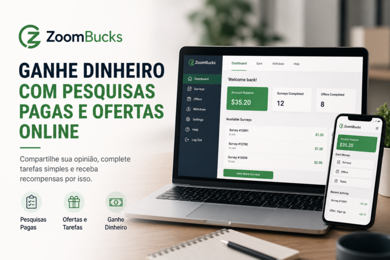 ZoomBucks banner featuring a laptop and smartphone with paid surveys, online offers, and money-making opportunities.