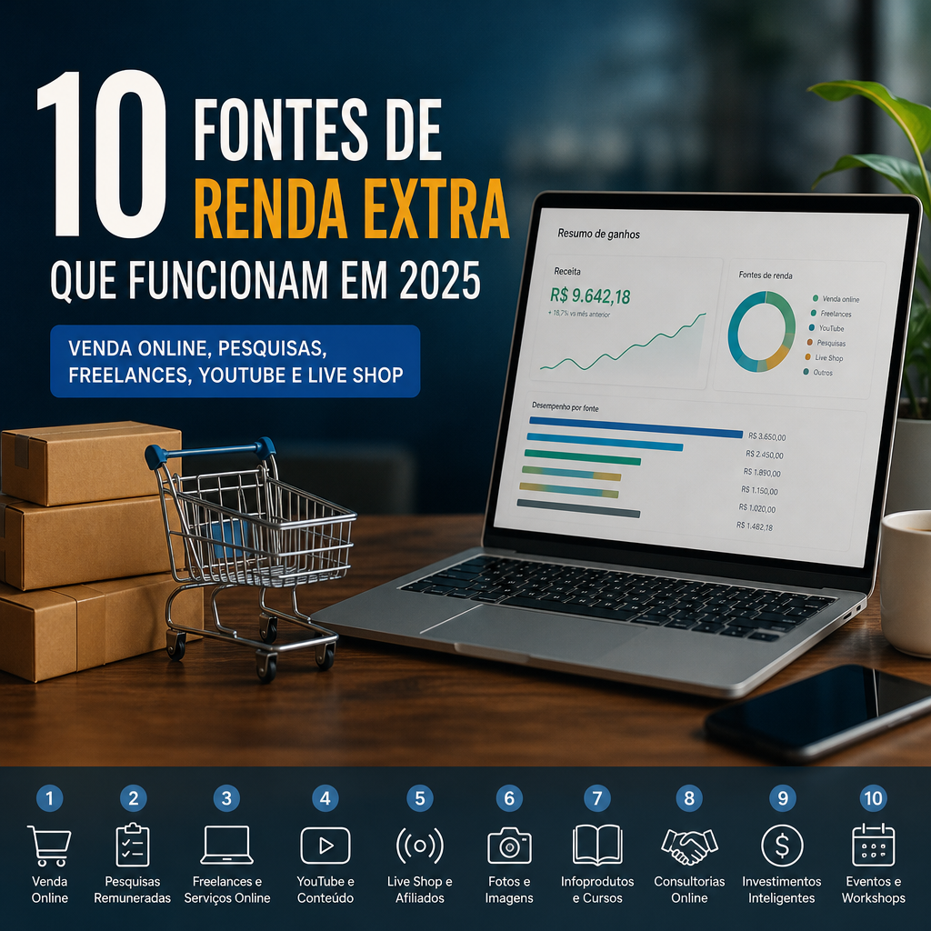 Banner promotes 10 extra-income sources with online sales analytics, packages, and a shopping cart.