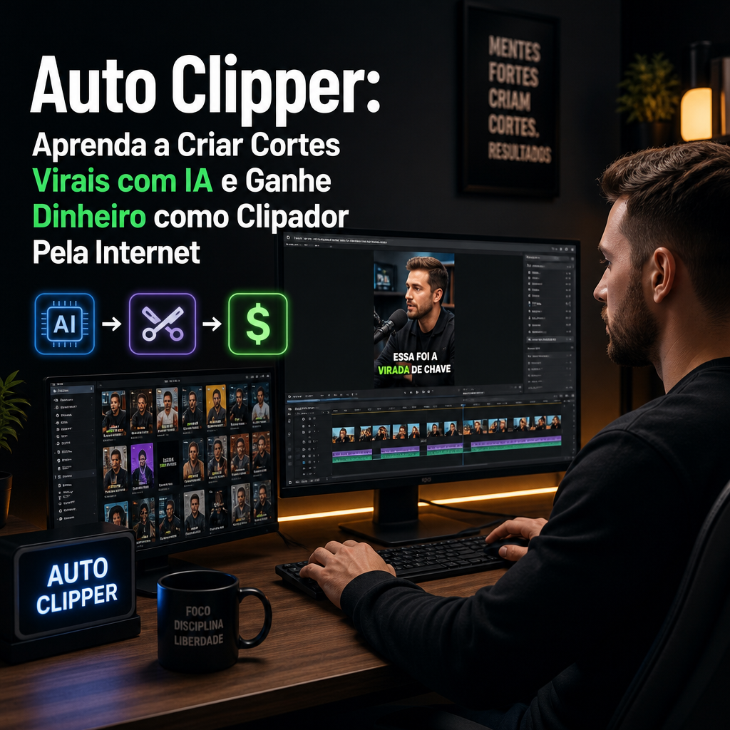 AI video editing workspace promoting Auto Clipper for creating viral clips and earning money online.