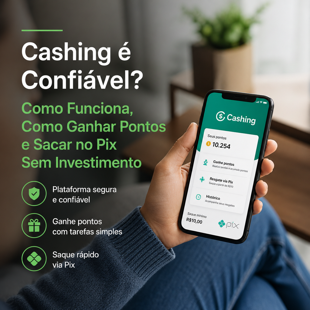 Ilustração do app Cashing, que oferece Pix seguro, pontos e cashback sem investimento.