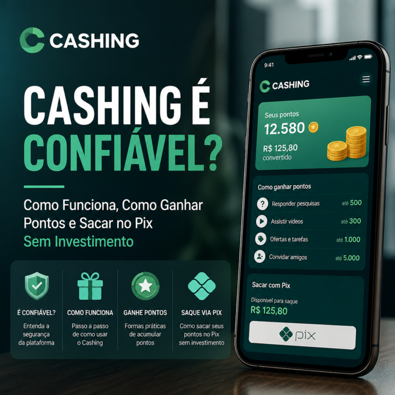 Pessoa usando o app Cashing para ganhar pontos e sacar dinheiro via Pix com segurança.