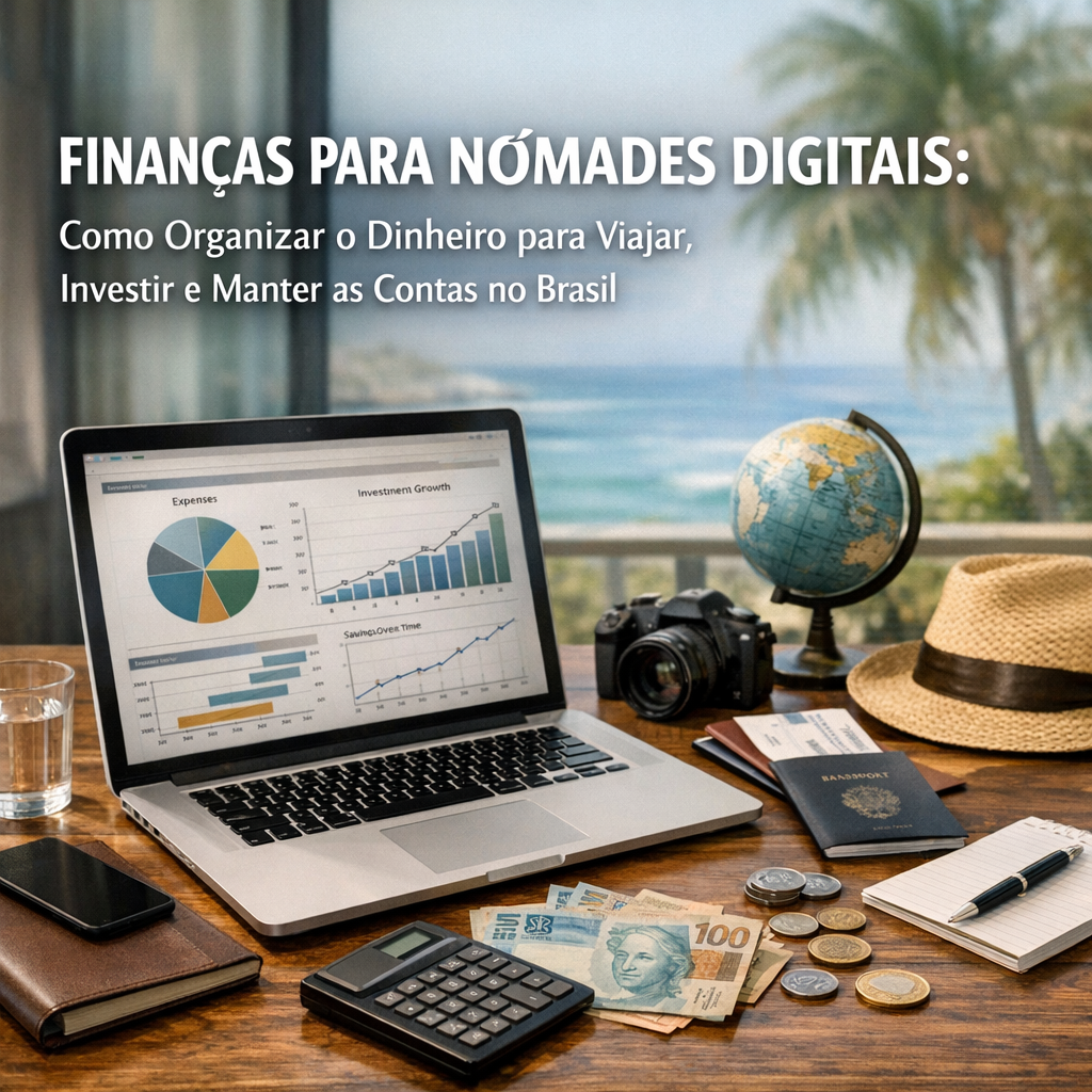 Laptop with financial charts, documents, calculator, camera, and globe on a tropical table for digital nomad finances.