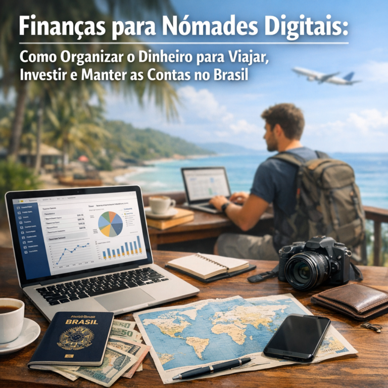 Laptop, passaporte brasileiro, mapa-múndi e câmera sobre mesa tropical à beira-mar, simbolizando finanças para nômades digita