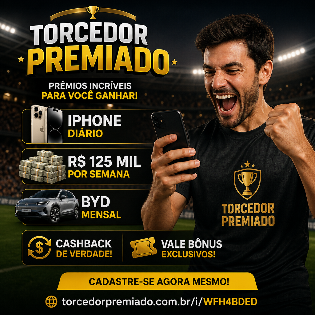 Man holding a smartphone in Torpedor Premiado promotion offering iPhones, BYD cars, cash rewards, cashback, and bonuses.