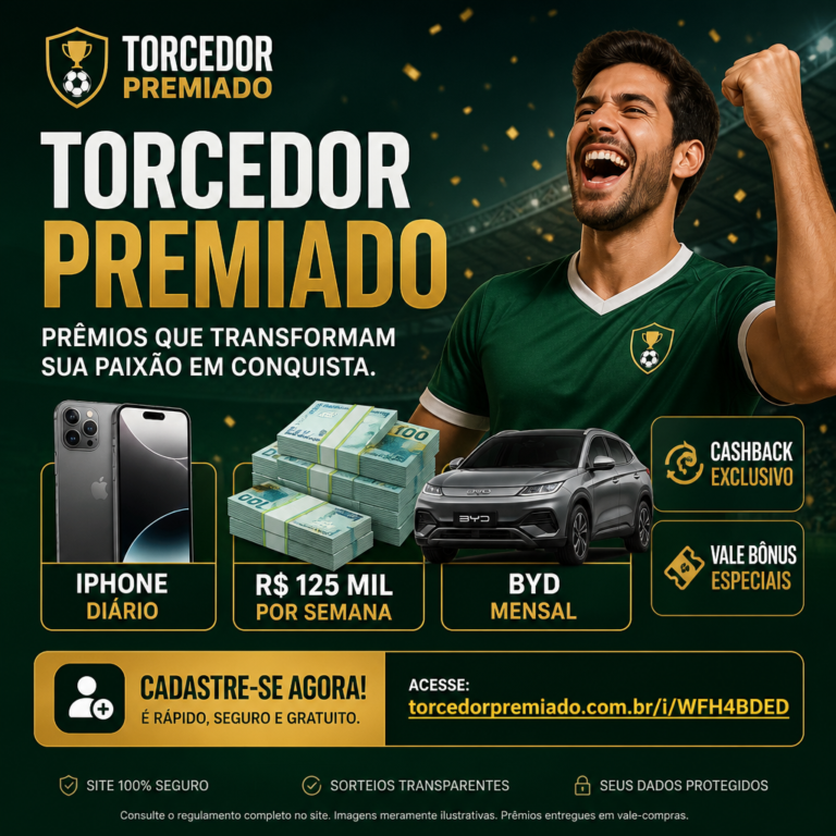 Torcedor comemorando a promoção Torcedor Premiado, com chance de ganhar dinheiro, BYD e iPhone.
