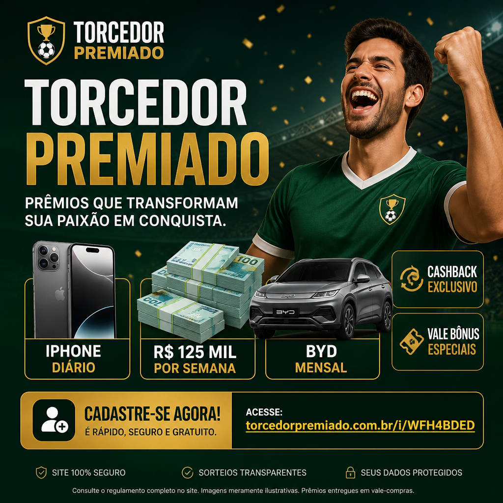 Torcedor comemorando a promoção Torcedor Premiado, com chance de ganhar dinheiro, BYD e iPhone.