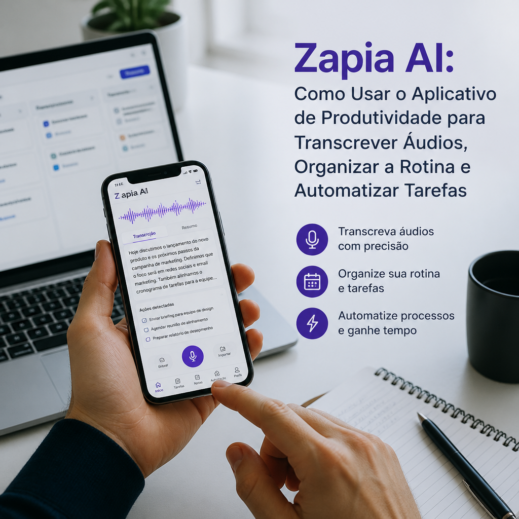 Zapia AI productivity app on a smartphone and laptop for transcribing audio and automating tasks.